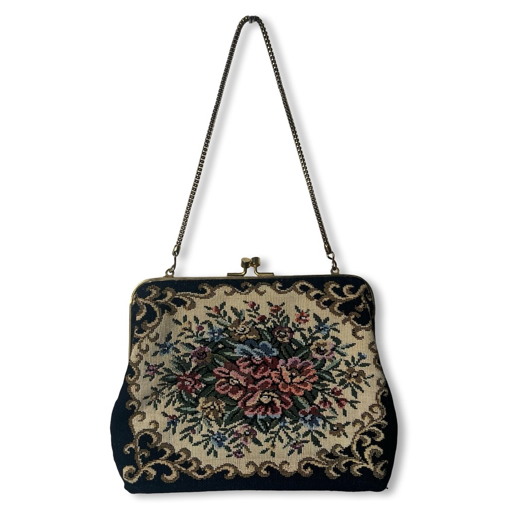 Vintage Floral Tapestry Kisslock Clutch Chain Strap Black Gold 50s 60s
